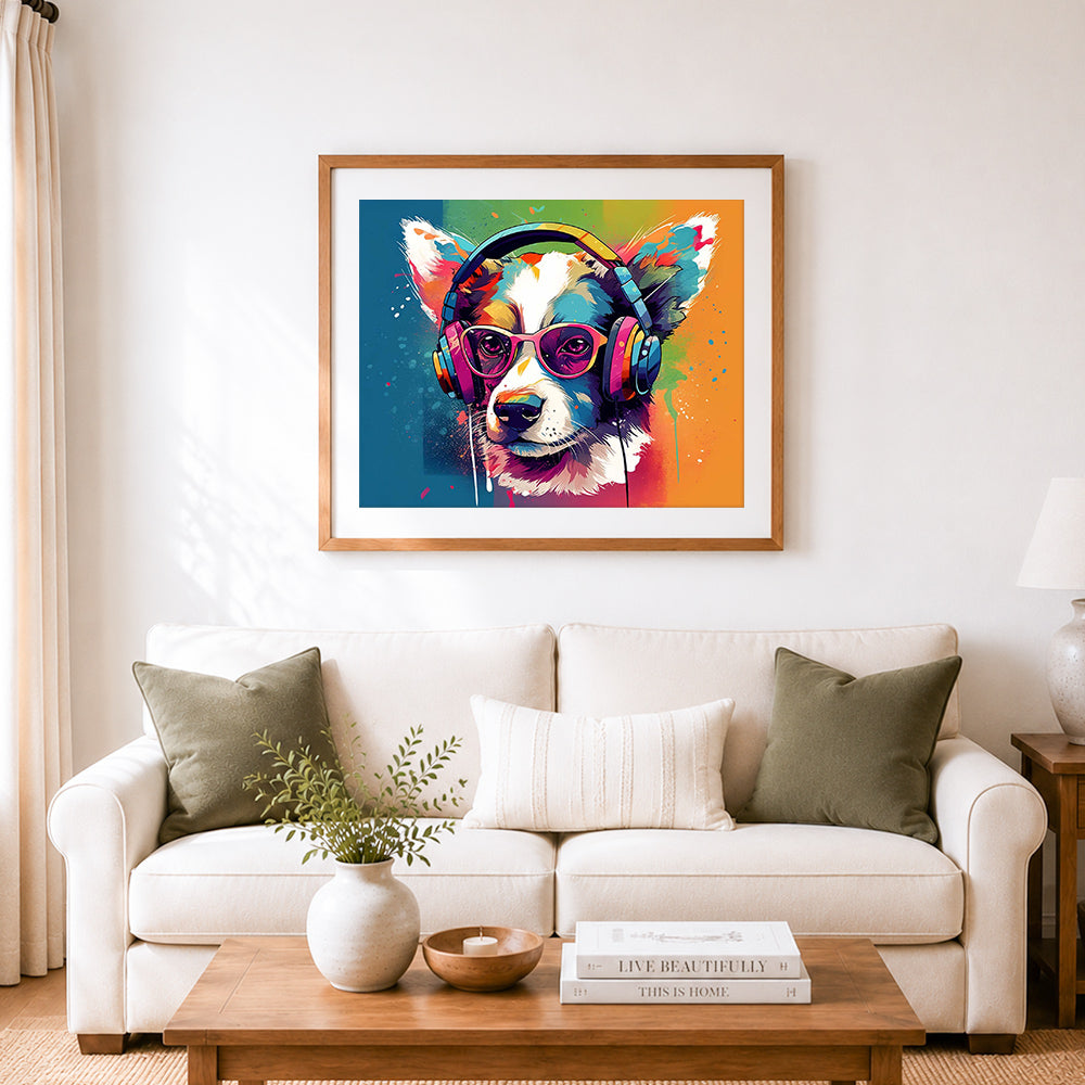 Finished cute corgi wearing headphones cross stitch artwork displayed as home decor