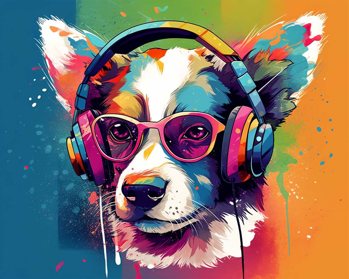 Cute corgi wearing headphones cross stitch kit for beginners