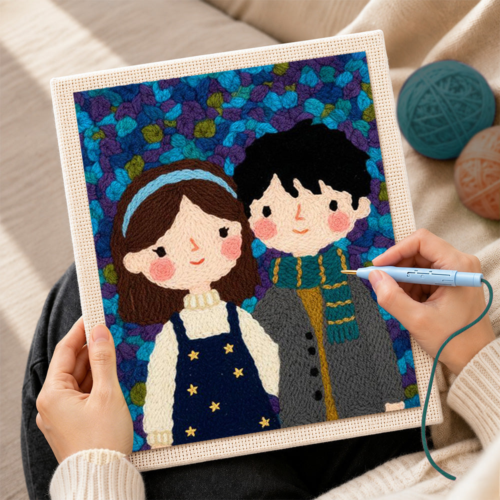 Creating handmade cute couple and some flowers punch needle artwork