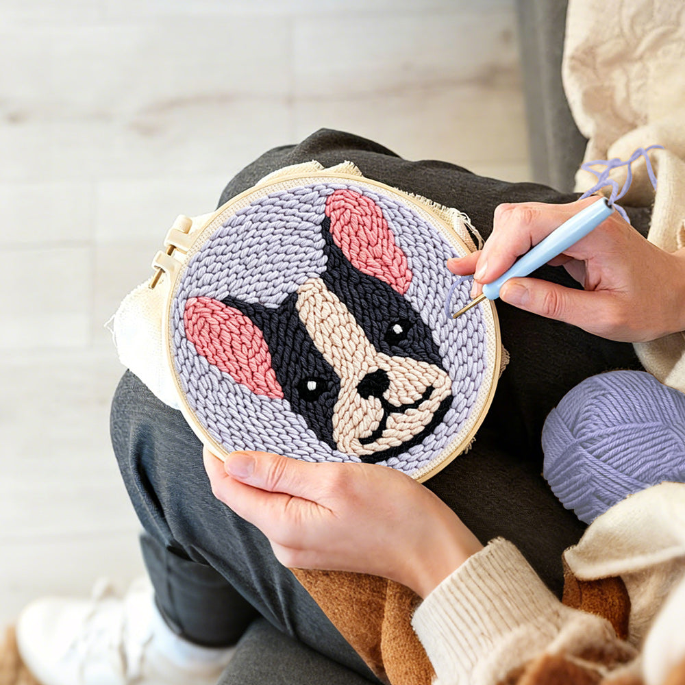 Creating handmade cute dog punch needle artwork