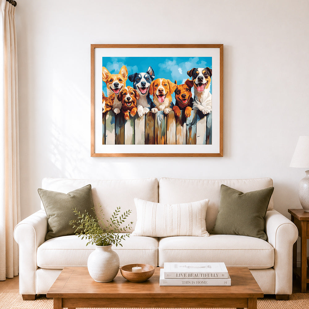 Finished cute dogs over wooden fence cross stitch artwork displayed as home decor