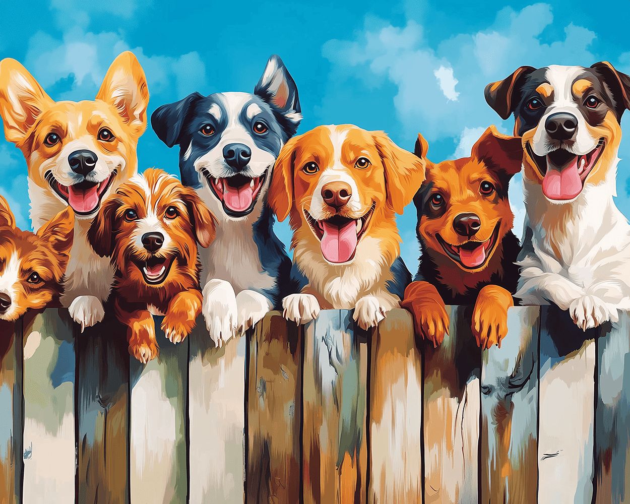 Cute dogs over wooden fence cross stitch kit for beginners