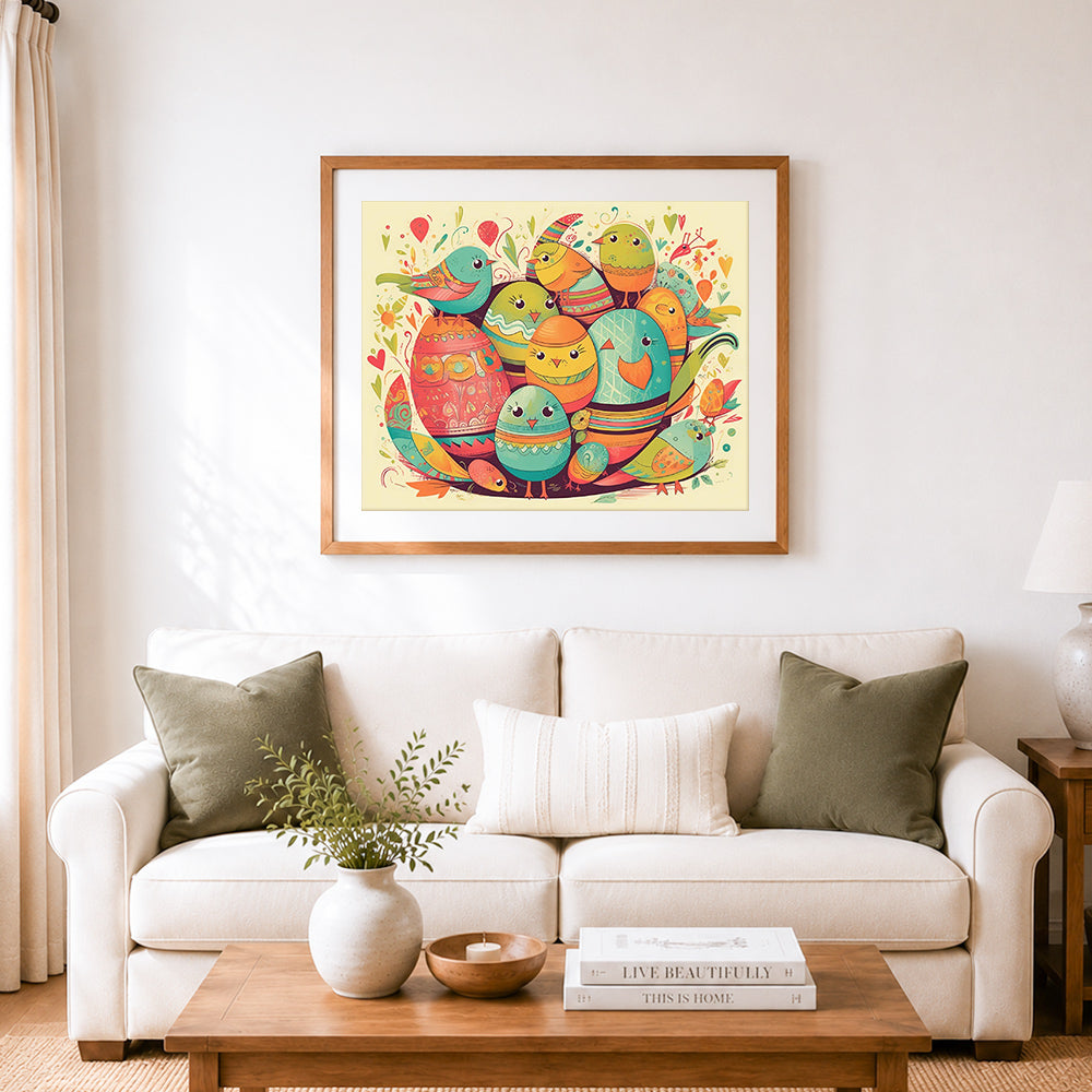 Finished cute easter chicks and decorated eggs cross stitch artwork displayed as home decor