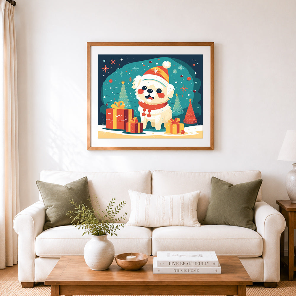 Finished cute festive holiday puppy cross stitch artwork displayed as home decor