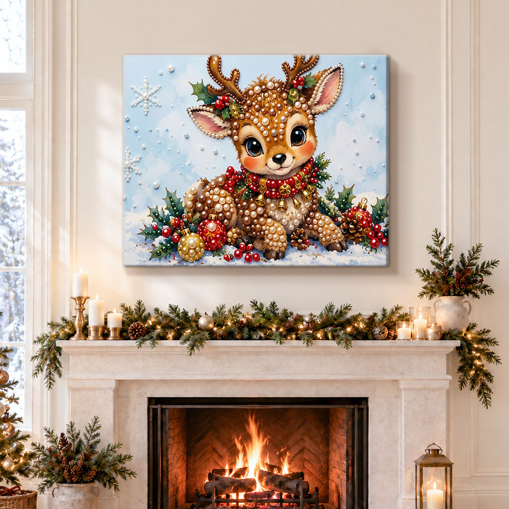Finished cute festive reindeer pearl diamond painting artwork displayed as holiday home decor