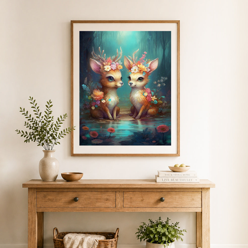 Finished cute floral baby deer pair cross stitch artwork displayed as home decor