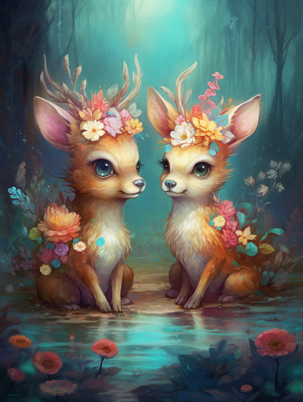 Cute floral baby deer pair cross stitch kit for beginners