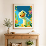 Finished cute floral duck cross stitch artwork displayed as home decor