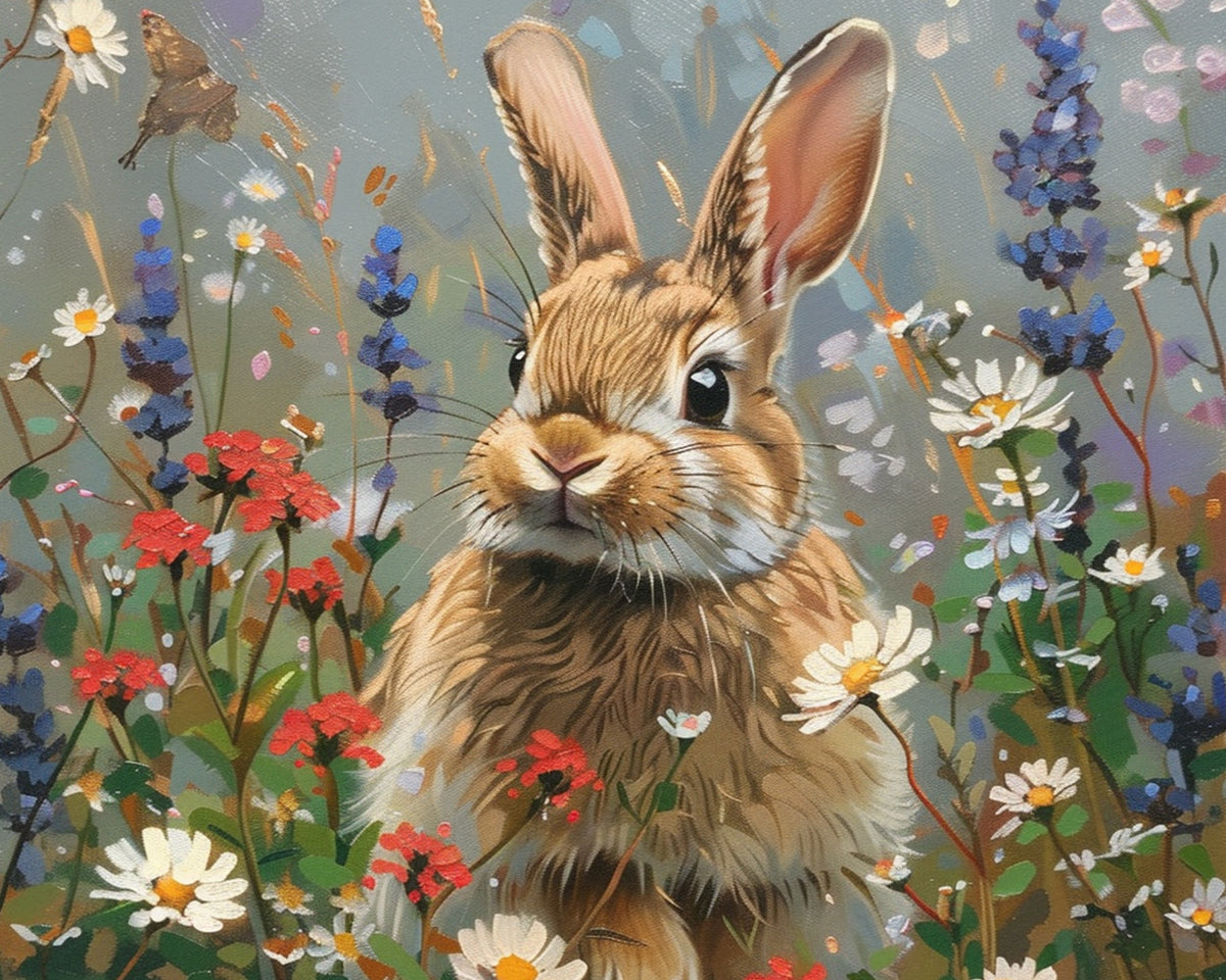 Cute fluffy bunny in wildflower meadow cross stitch kit for beginners
