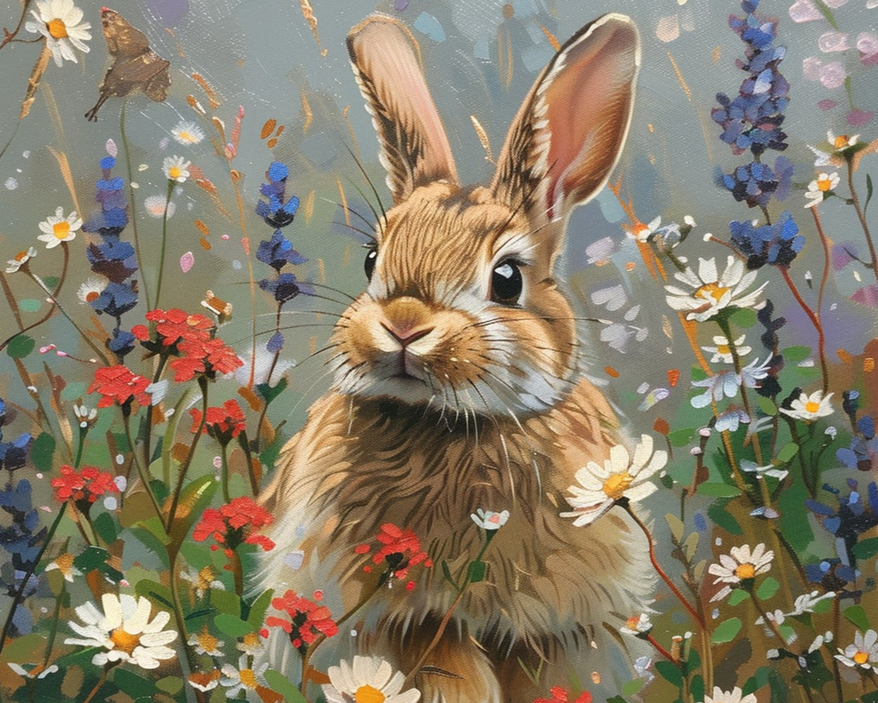 Cute fluffy bunny in wildflower meadow cross stitch kit for beginners
