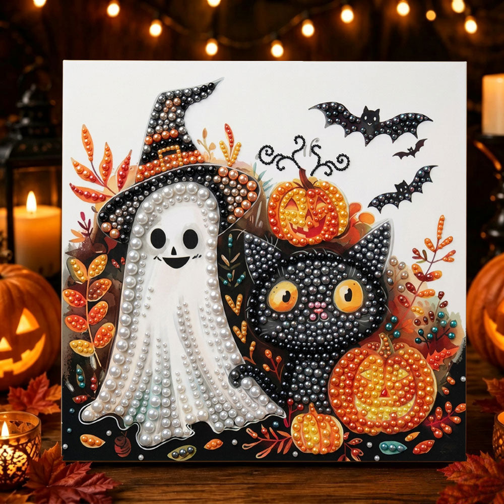 Cute ghost and black cat pearl diamond painting kit for beginners