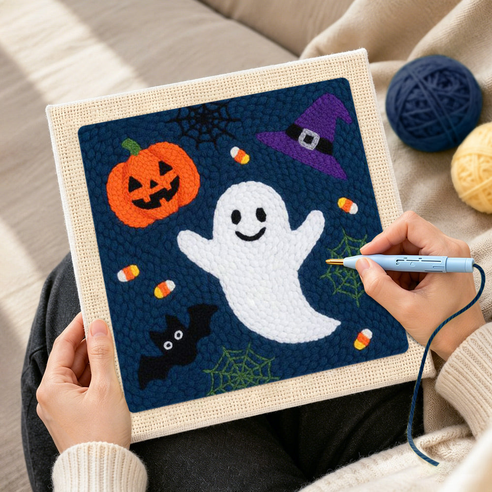 Creating handmade cute ghost and pumpkin punch needle artwork