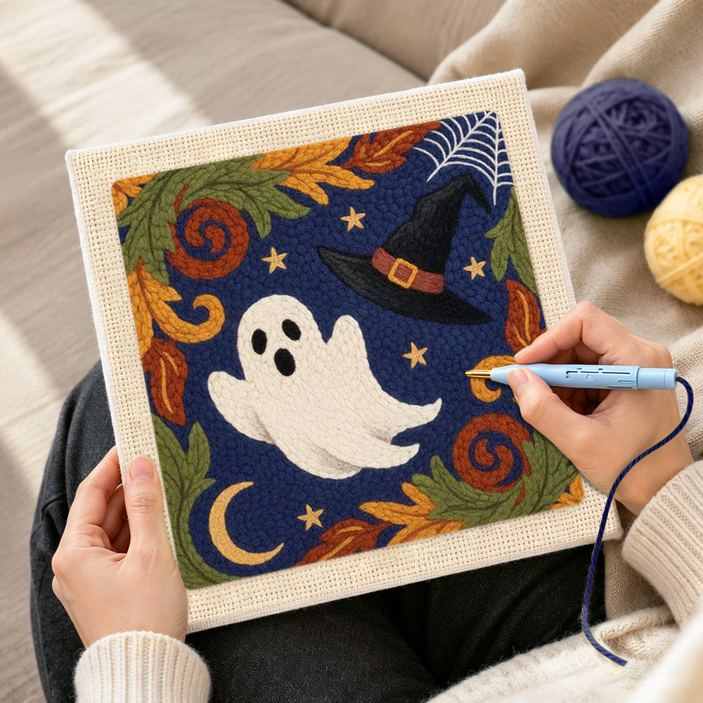 Creating handmade cute ghost and witch hat design punch needle artwork
