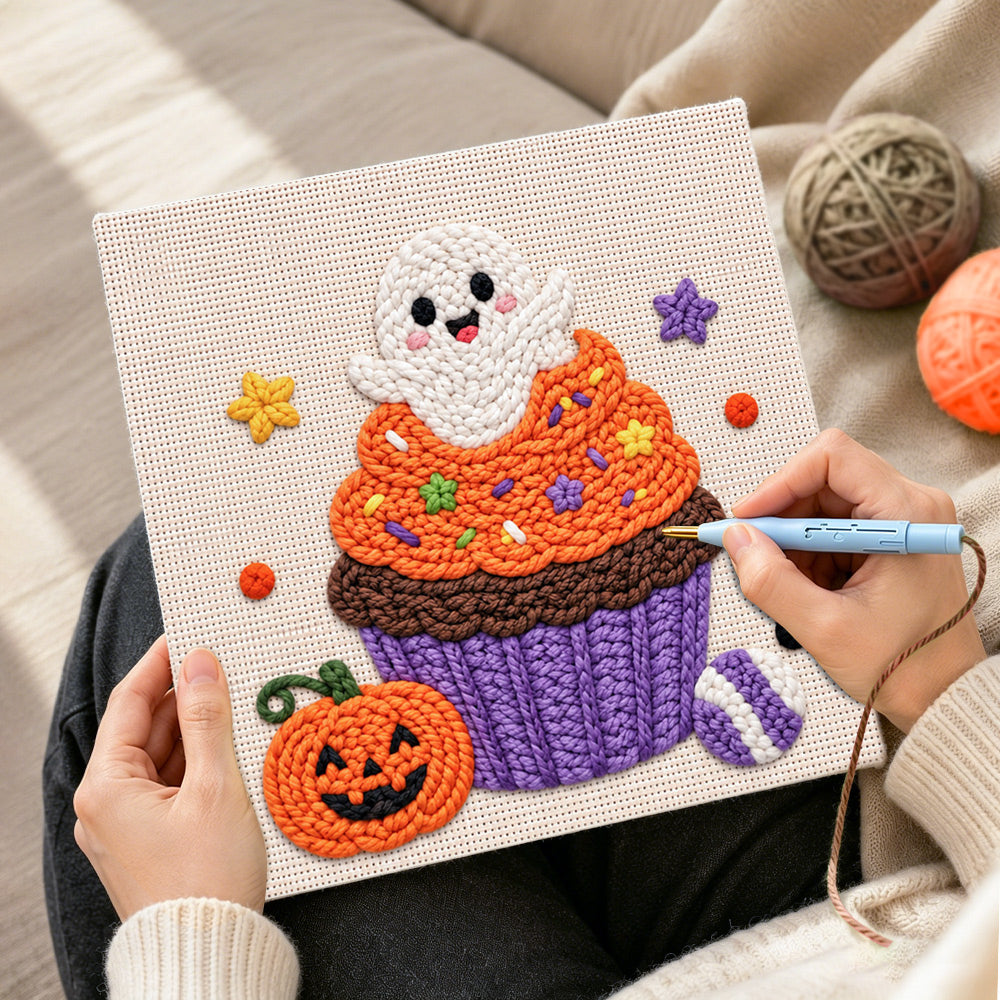 Creating handmade cute ghost cupcake punch needle artwork