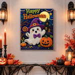 Finished cute ghost for halloween pearl diamond painting artwork displayed as holiday home decor