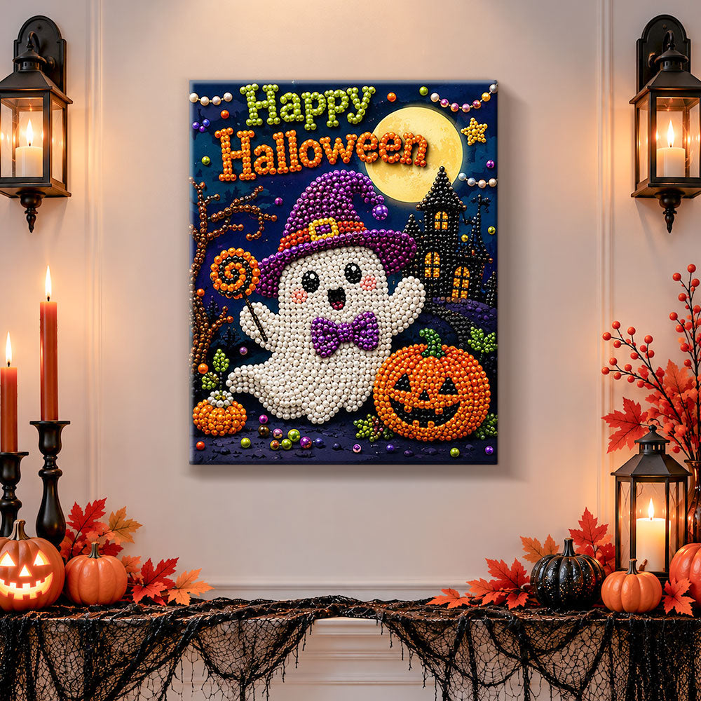 Finished cute ghost for halloween pearl diamond painting artwork displayed as holiday home decor