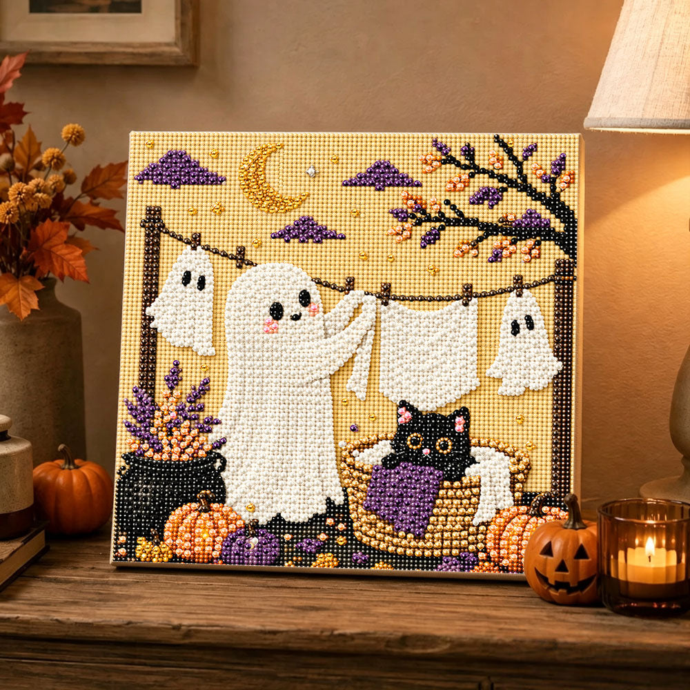 Finished cute ghost hanging laundry pearl diamond painting artwork displayed as holiday home decor