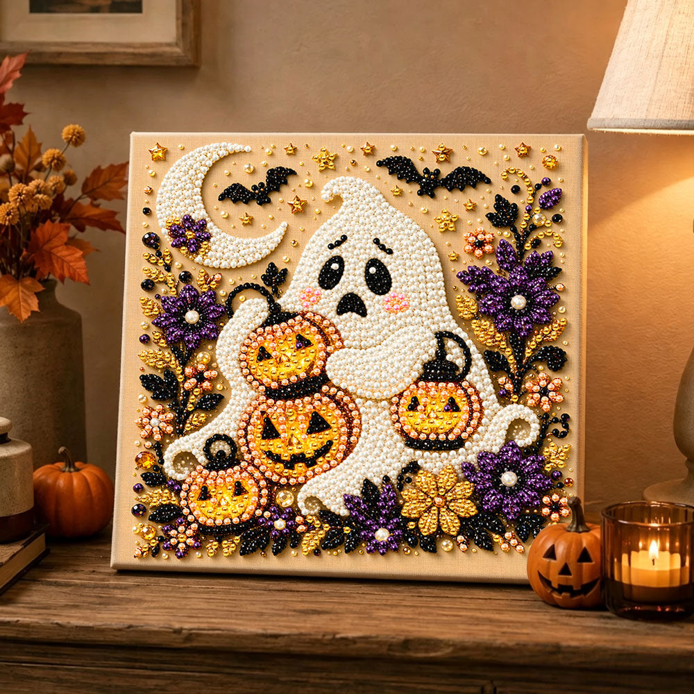 Finished cute ghost holding pumpkin lanterns pearl diamond painting artwork displayed as holiday home decor