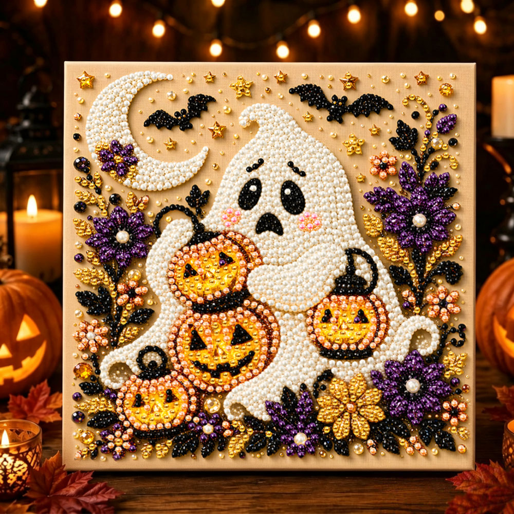 Cute ghost holding pumpkin lanterns pearl diamond painting kit for beginners