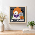 Finished cute ghost reading at midnight artwork displayed on a wall