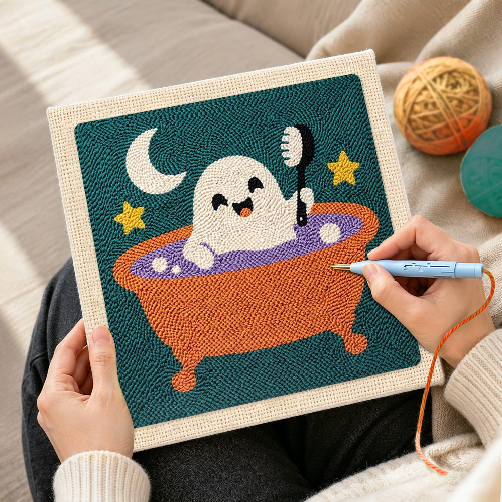 Creating handmade cute ghost taking bubble bath punch needle artwork