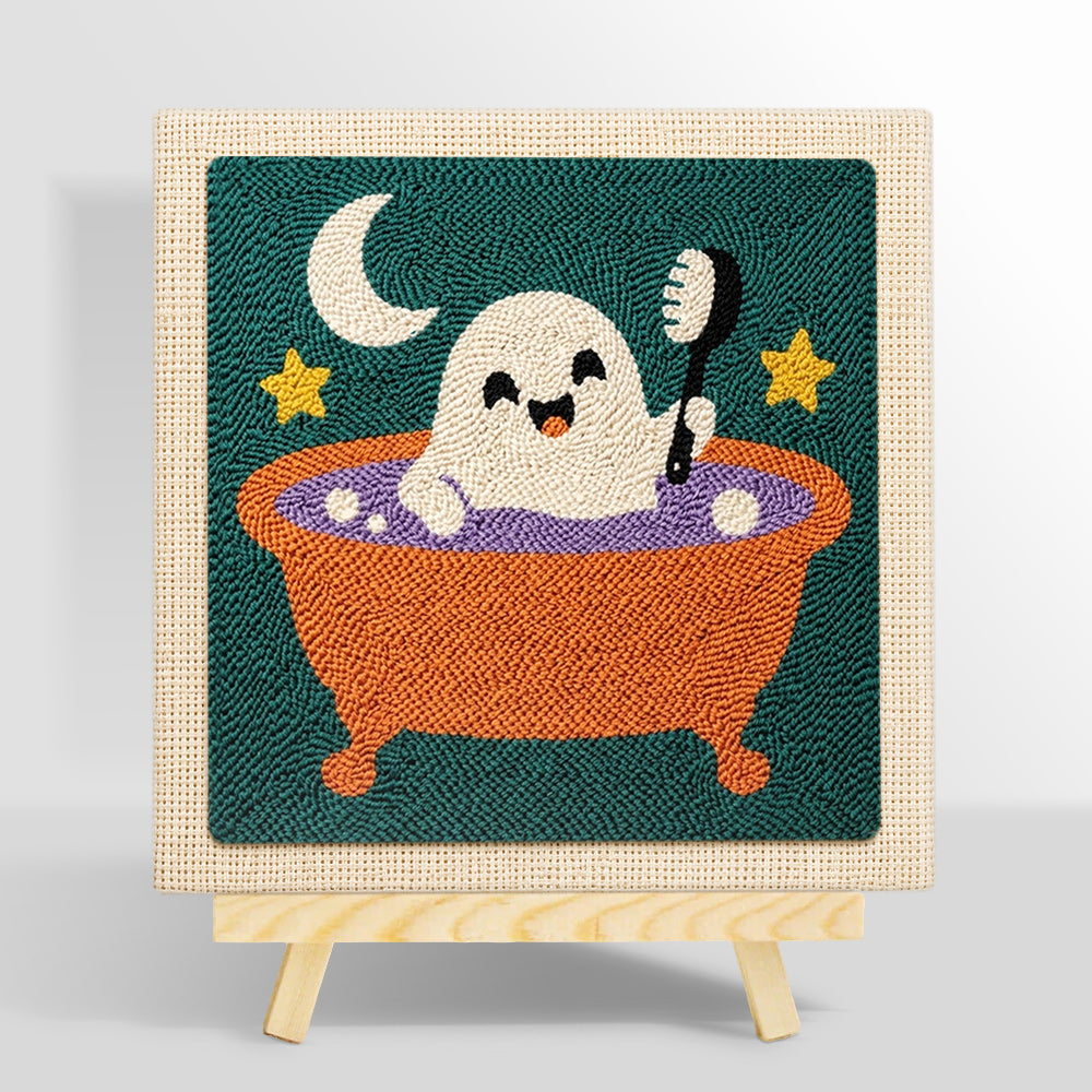 Cute ghost taking bubble bath punch needle kit for beginners