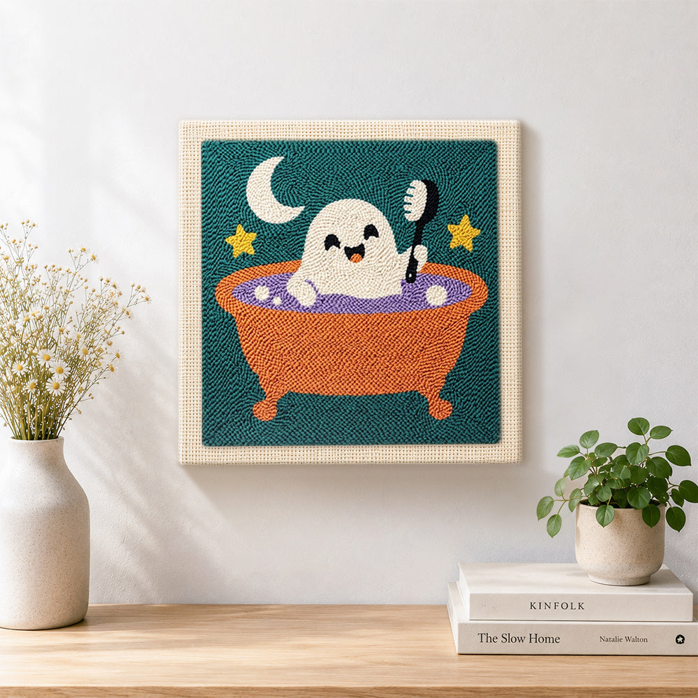 Finished cute ghost taking bubble bath artwork displayed on a wall