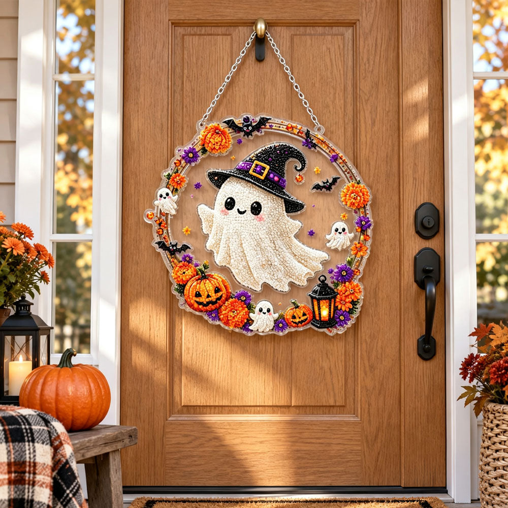 Finished cute ghost wreath with pumpkin pearl diamond painting artwork displayed as holiday home decor