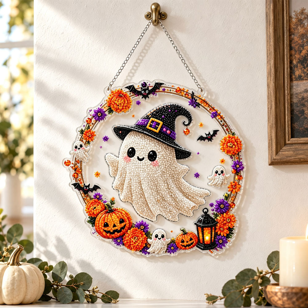 Cute ghost wreath with pumpkin pearl diamond painting kit for beginners