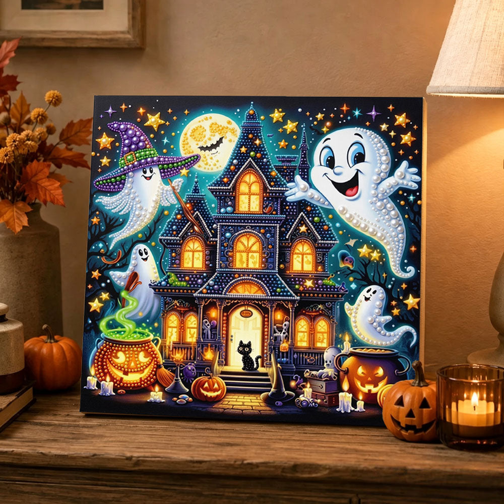 Finished cute ghosts magic mansion pearl diamond painting artwork displayed as holiday home decor