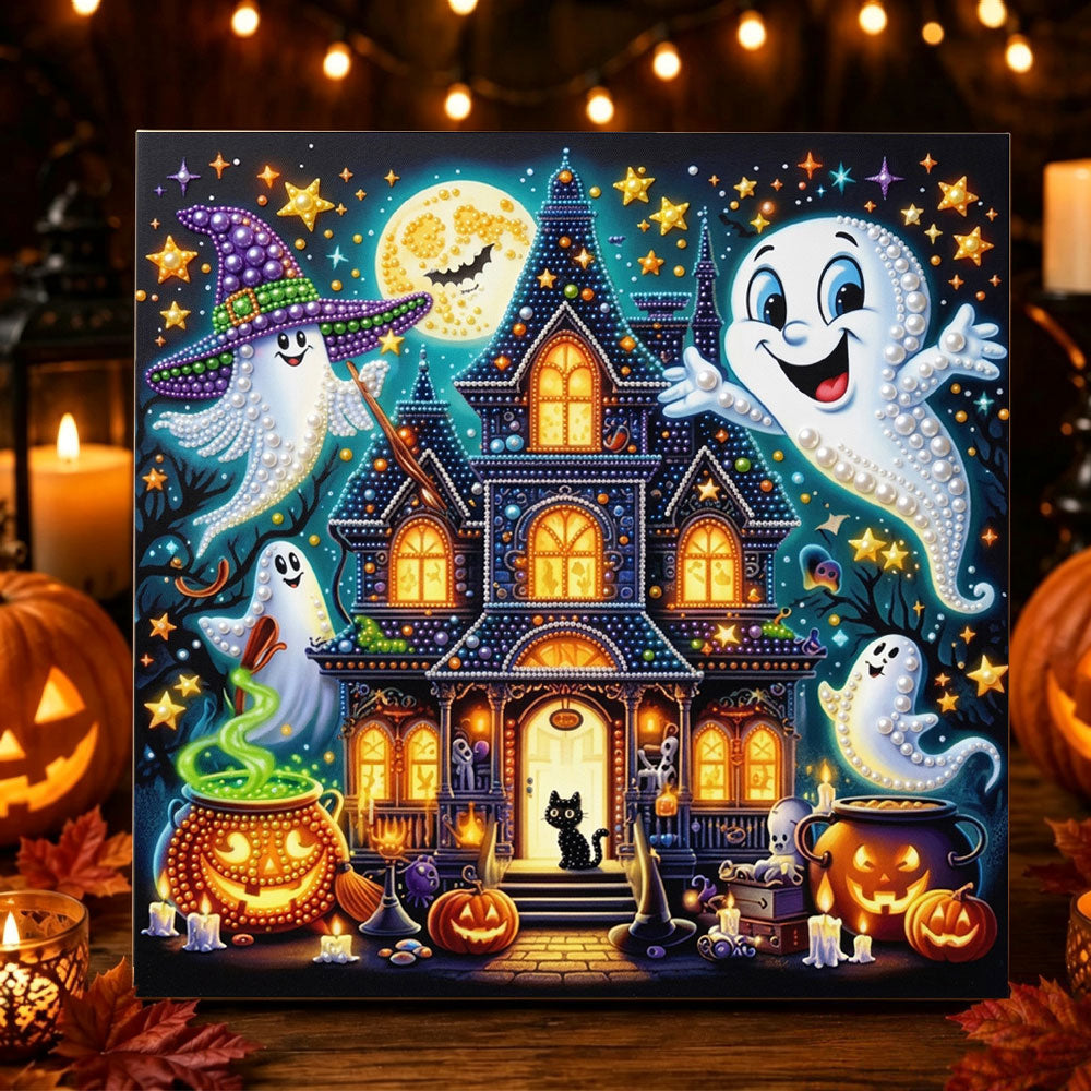 Cute ghosts magic mansion pearl diamond painting kit for beginners