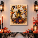 Finished cute ghosts with lantern and pumpkins pearl diamond painting artwork displayed as holiday home decor