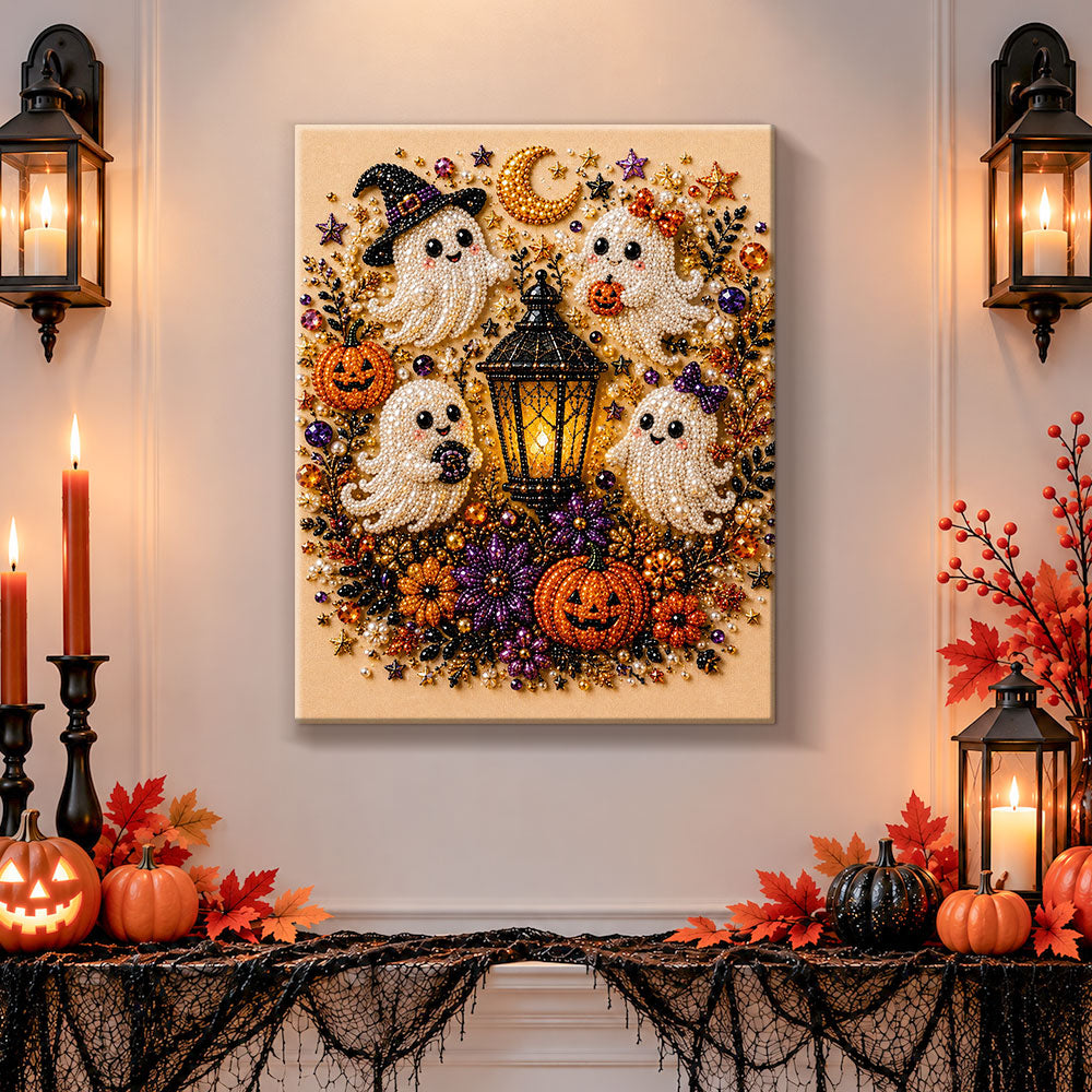 Finished cute ghosts with lantern and pumpkins pearl diamond painting artwork displayed as holiday home decor