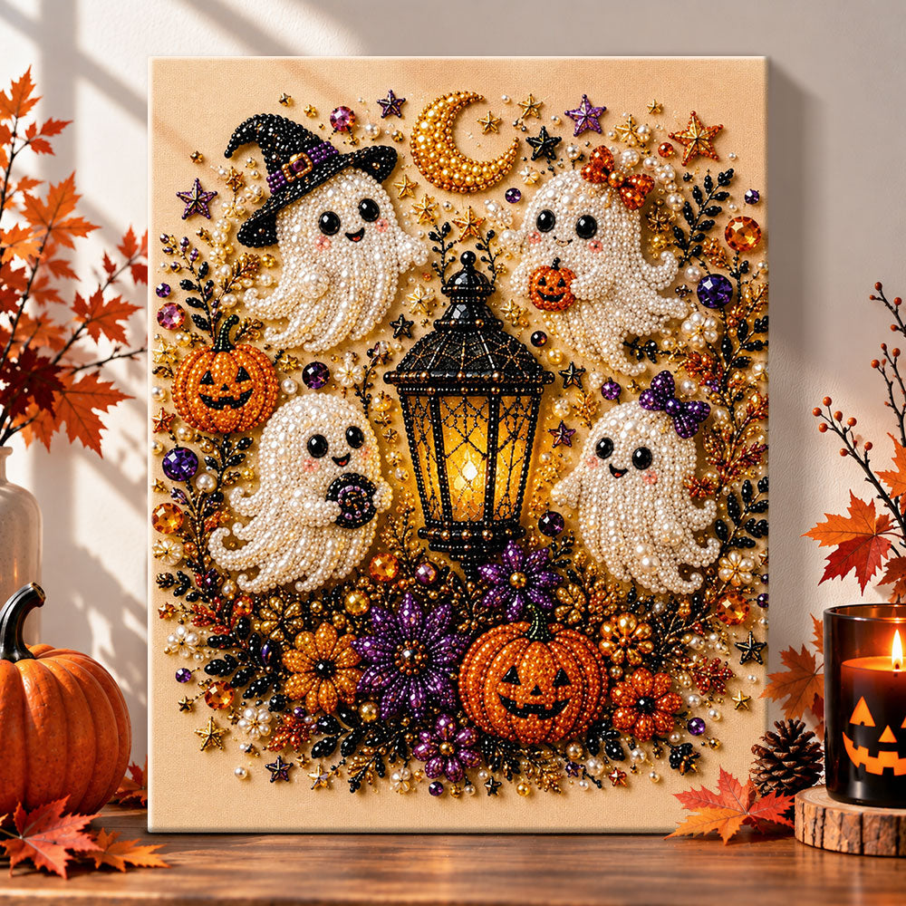 Cute ghosts with lantern and pumpkins pearl diamond painting kit for beginners