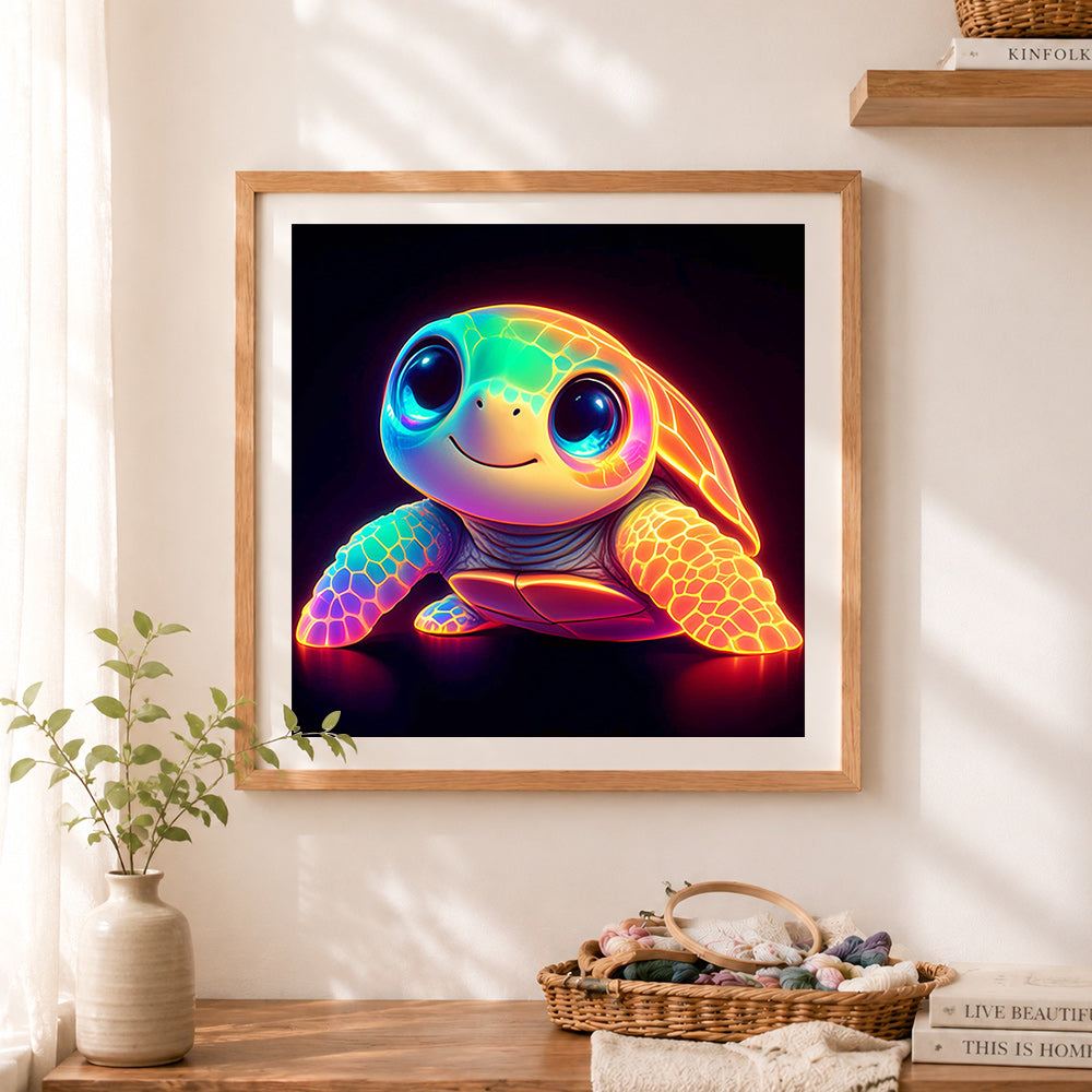 Finished cute glowing neon baby turtle cross stitch artwork displayed as home decor