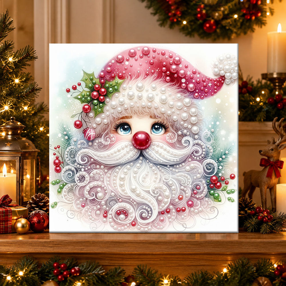 Finished cute gnome santa face pearl diamond painting artwork displayed as holiday home decor