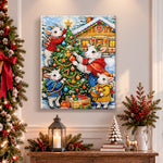 Finished cute goat family christmas scene pearl diamond painting artwork displayed as holiday home decor