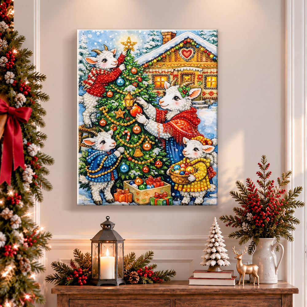 Finished cute goat family christmas scene pearl diamond painting artwork displayed as holiday home decor
