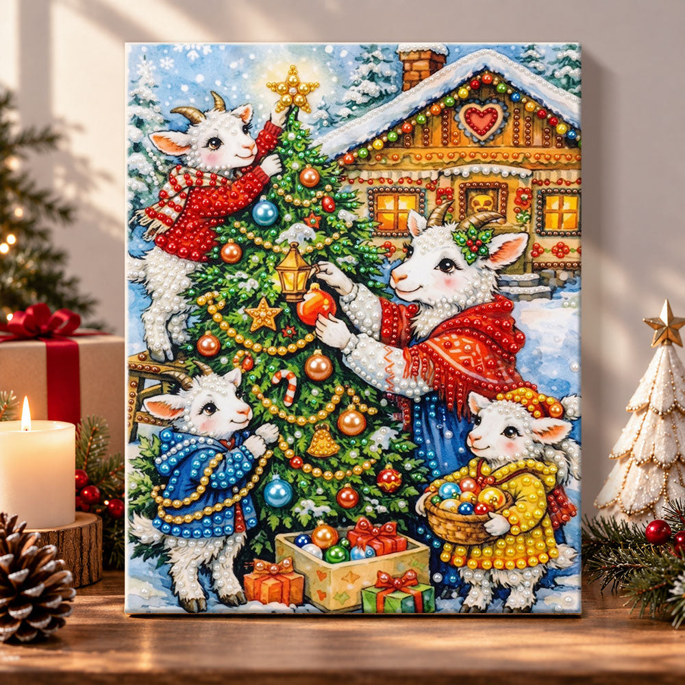 Cute goat family christmas scene pearl diamond painting kit for beginners