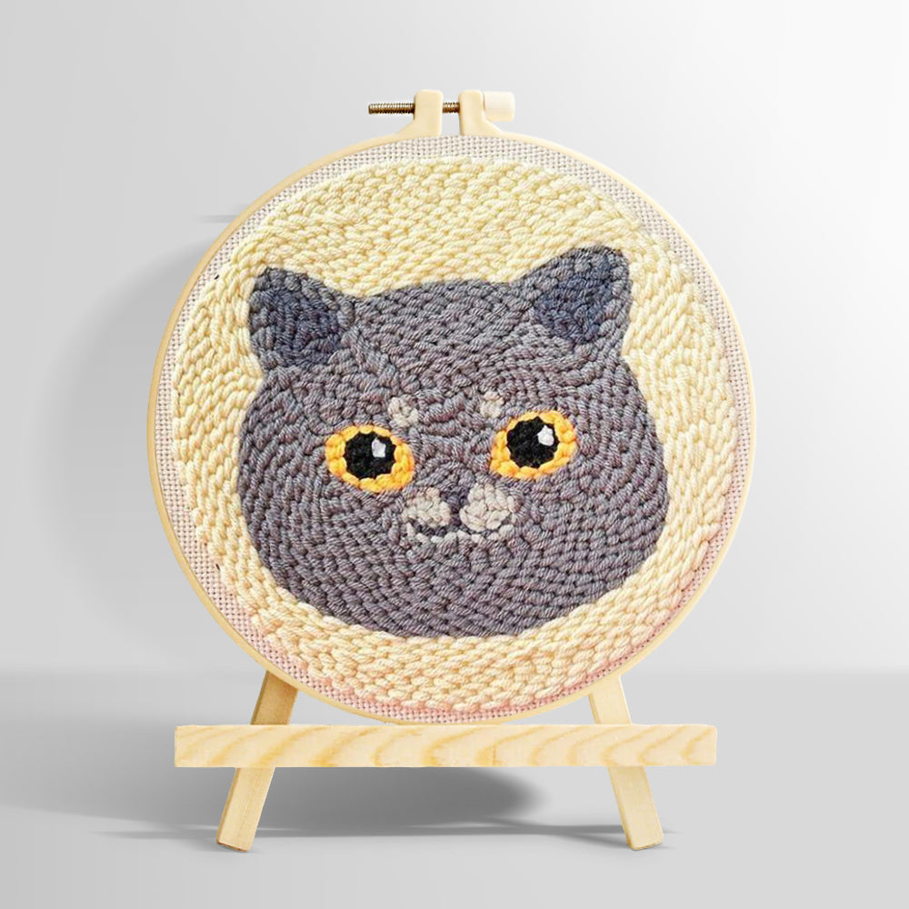 Cute gray cat punch needle kit for beginners