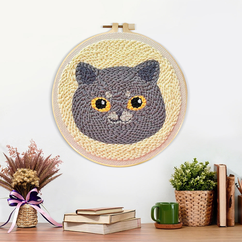 Finished cute gray cat artwork displayed on a wall