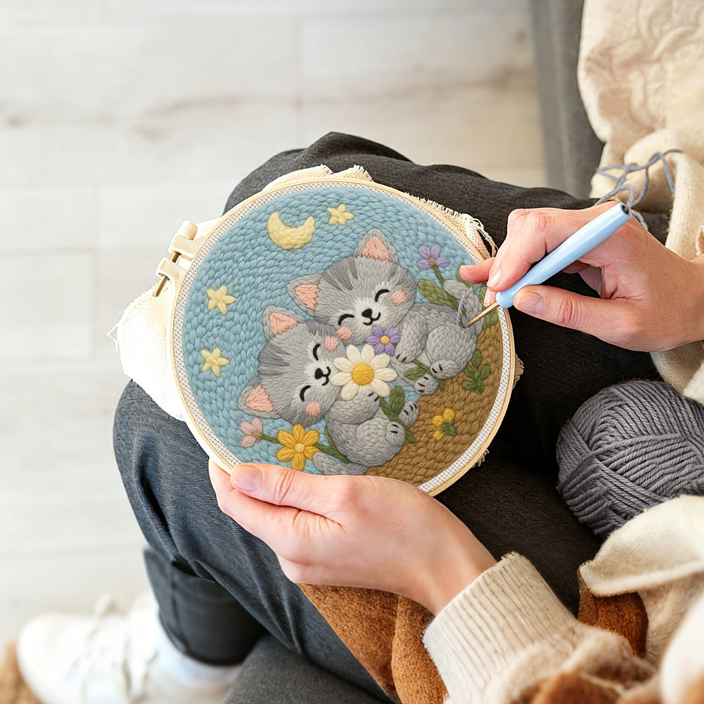Creating handmade cute gray kittens and wildflowers punch needle artwork