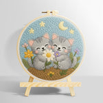 Cute gray kittens and wildflowers punch needle kit for beginners