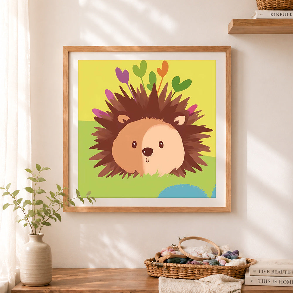 Finished cute hedgehog with blooms cross stitch artwork displayed as home decor