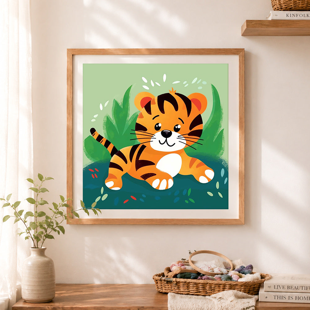 Finished cute jungle tiger cub cross stitch artwork displayed as home decor
