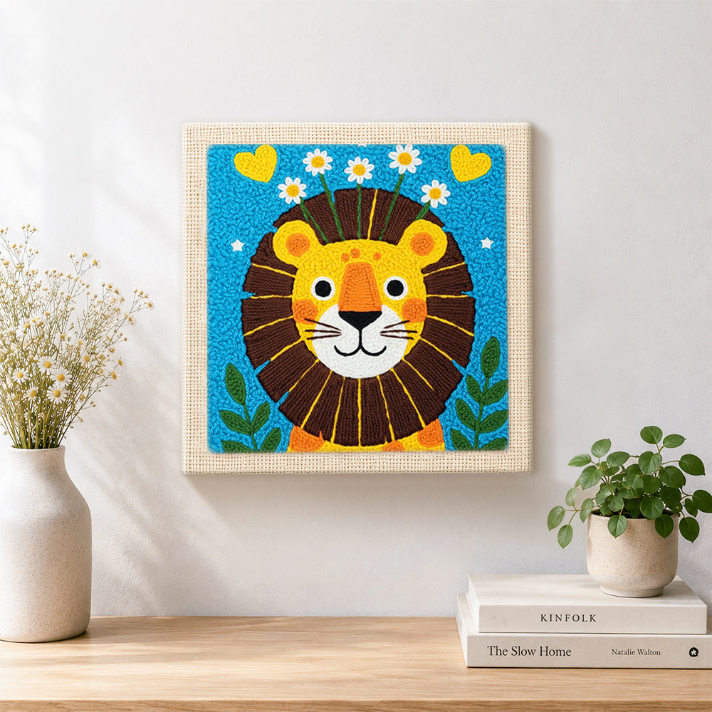 Finished cute lion with daisies artwork displayed on a wall