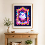 Finished cute neon ghost art cross stitch artwork displayed as home decor