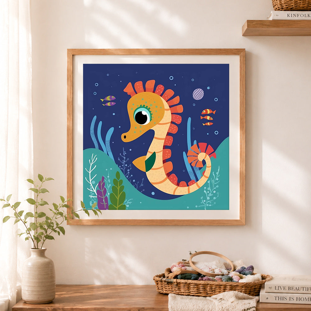 Finished cute ocean seahorse cross stitch artwork displayed as home decor