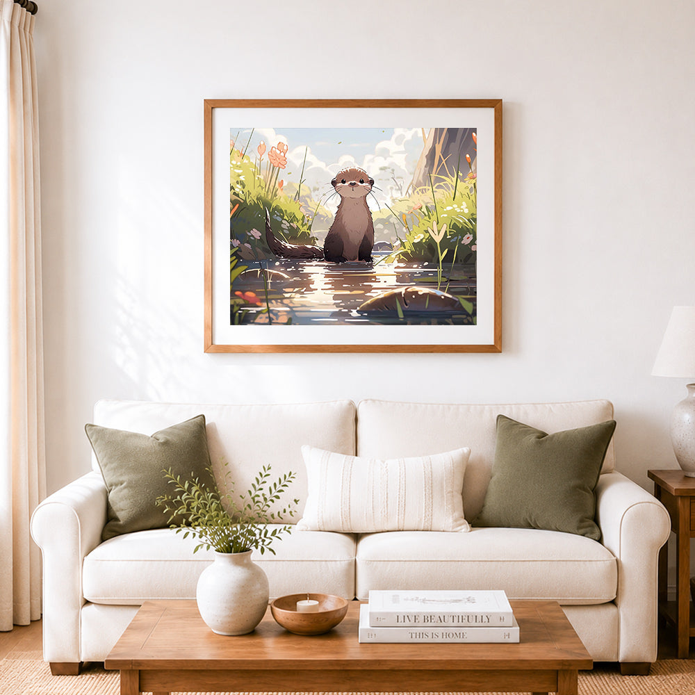 Finished cute otter by the stream cross stitch artwork displayed as home decor