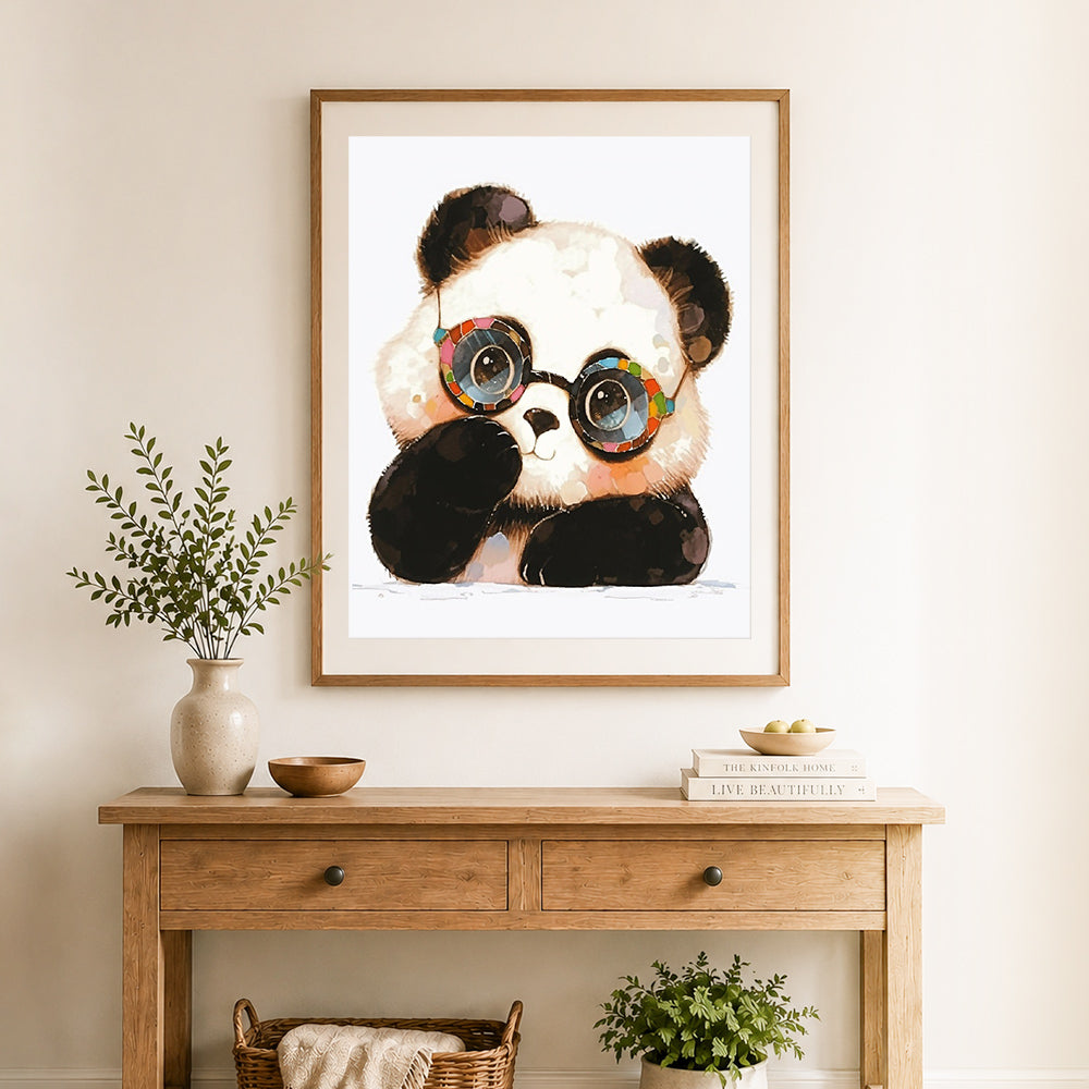 Finished cute panda with glasses cross stitch artwork displayed as home decor